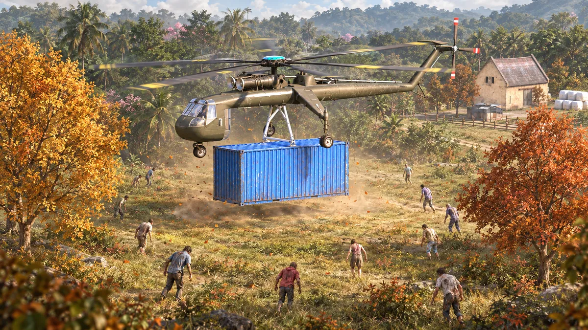 A painted view of a helicopter lowering a blue supply container into a field while infected close in