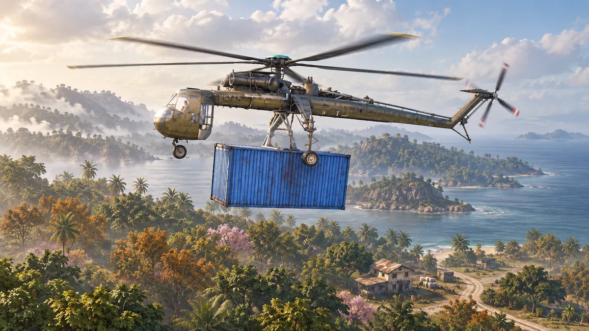 A painted view of a helicopter flying a blue supply container over the sea toward an island