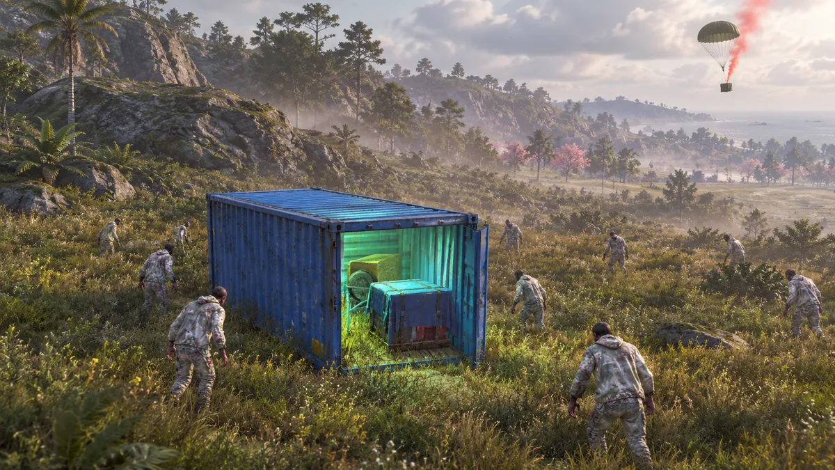 A painted scene of a landed blue supply container in an open field as a parachute drifts down with red smoke
