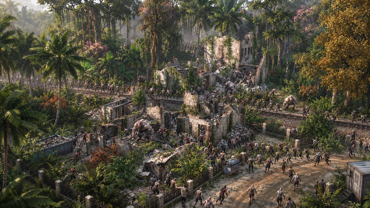 A painted view of Asheville Ruins overrun by a horde during Defend the Flag