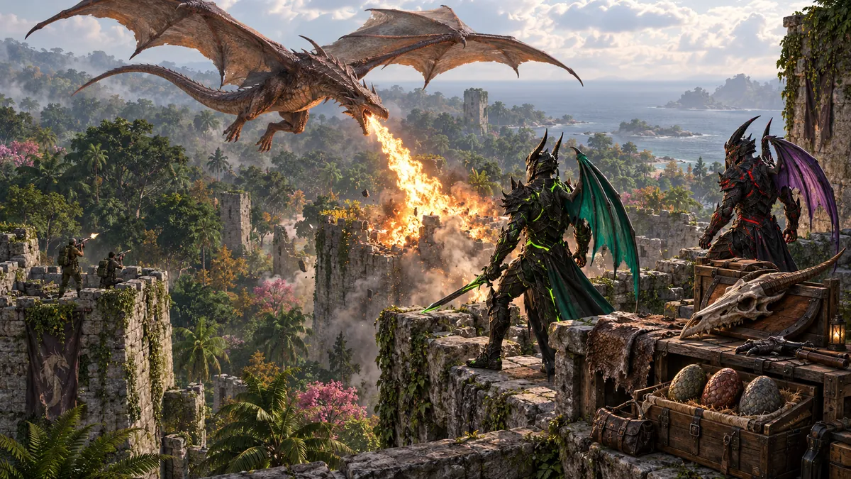 A painted scene of a dragon breathing fire over an overgrown ruin, with two armored Dragon Knights and a chest of dragon eggs