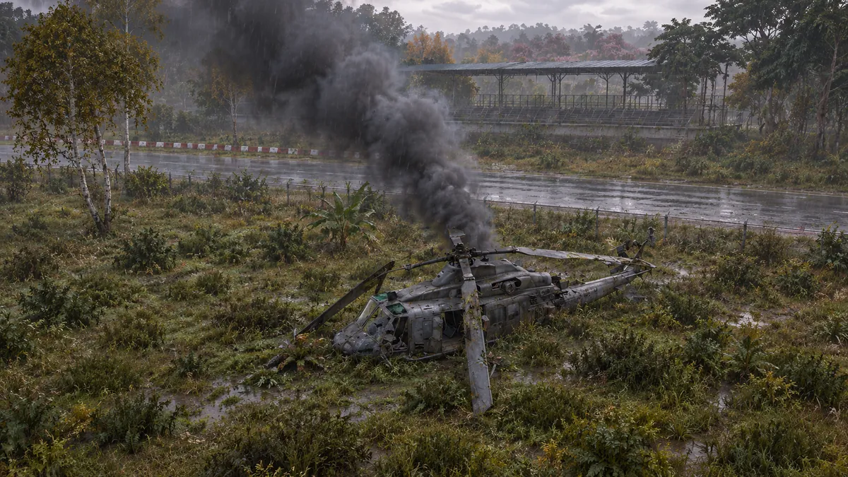 A painted view of a crashed helicopter smoking in an overgrown field