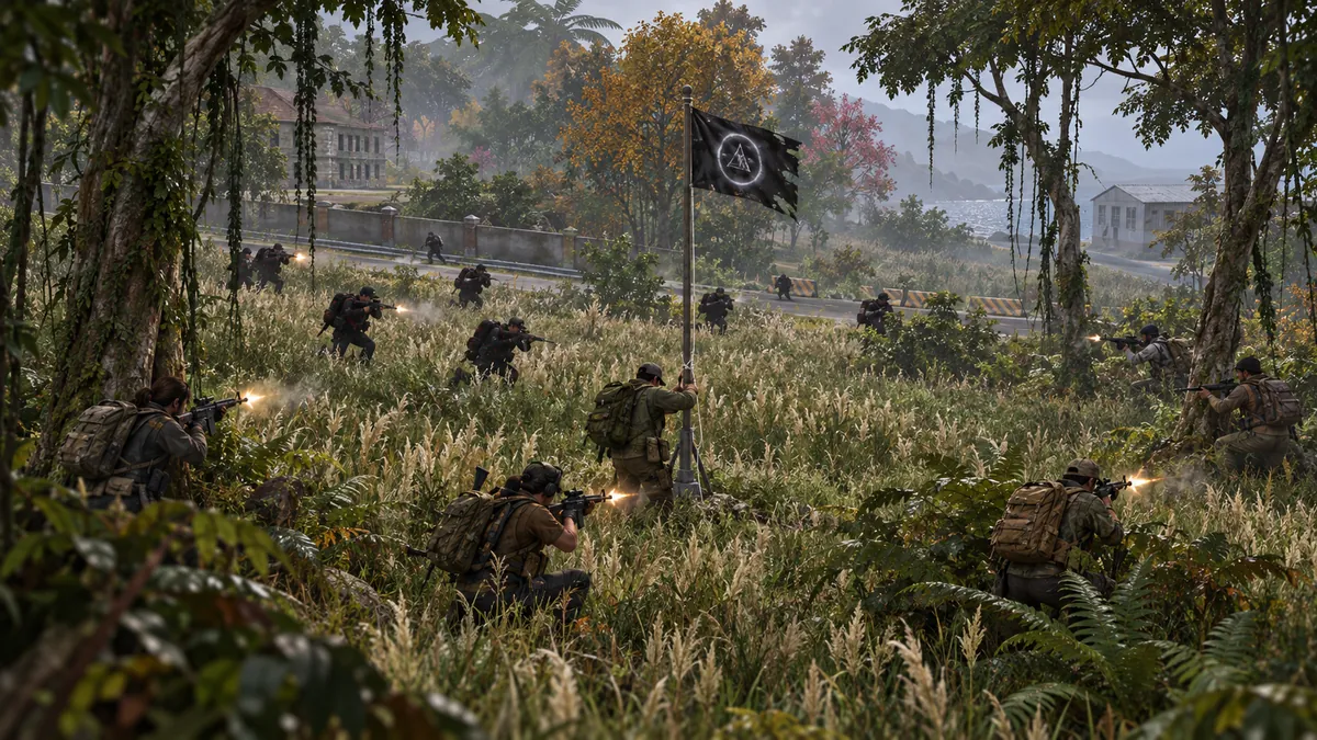 A painted scene of soldiers fighting around a black flag in tall grass at a King of the Hill zone