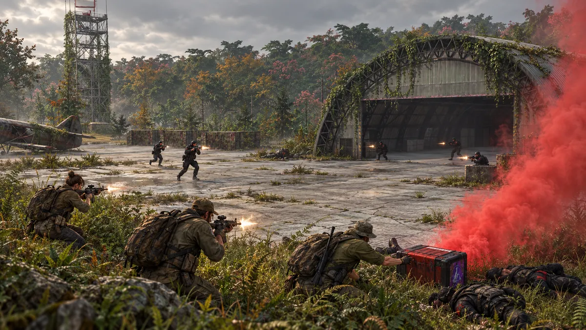 A painted scene of soldiers fighting for a loot crate in front of an overgrown airfield hangar, red smoke rising