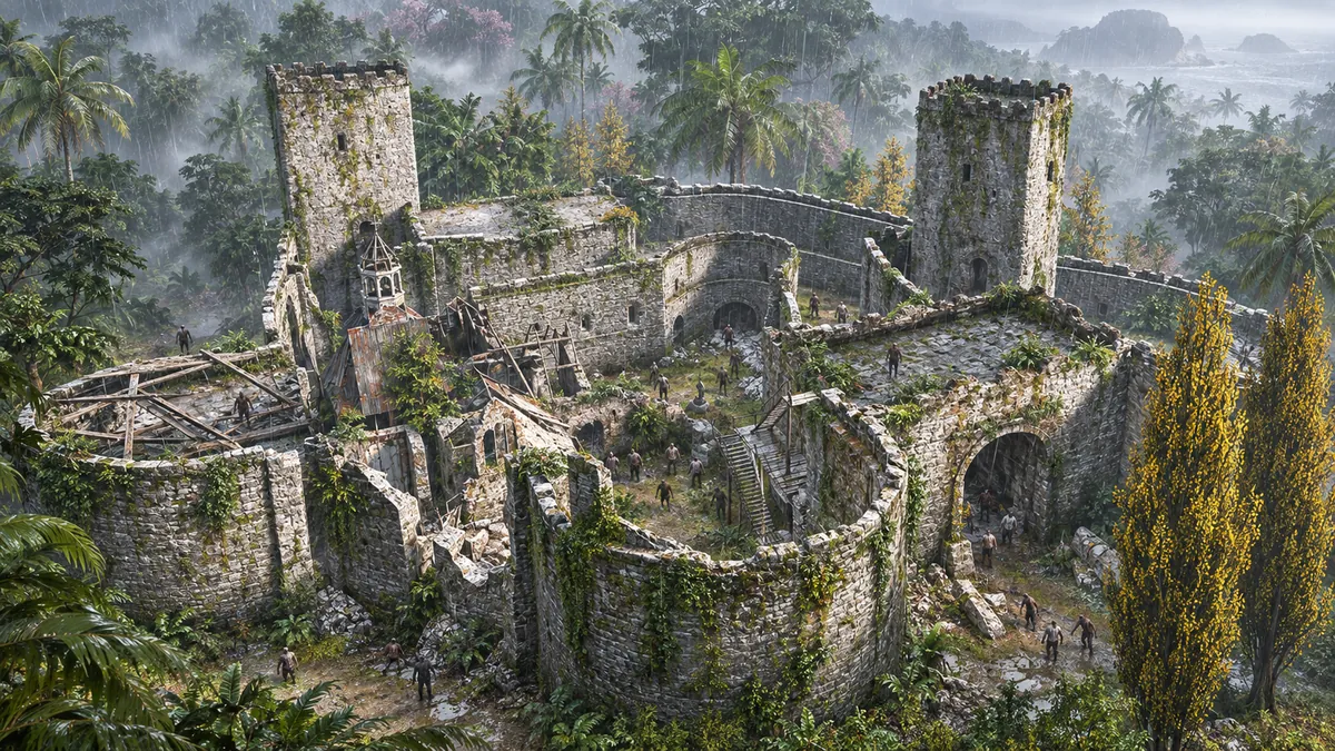 A painted view of Old Town Castle overrun by a horde during Defend the Flag