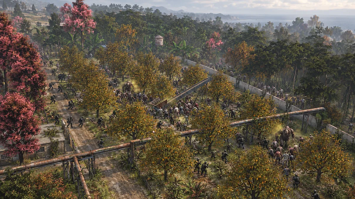 A painted view of Pear Plantation overrun by a horde during Defend the Flag