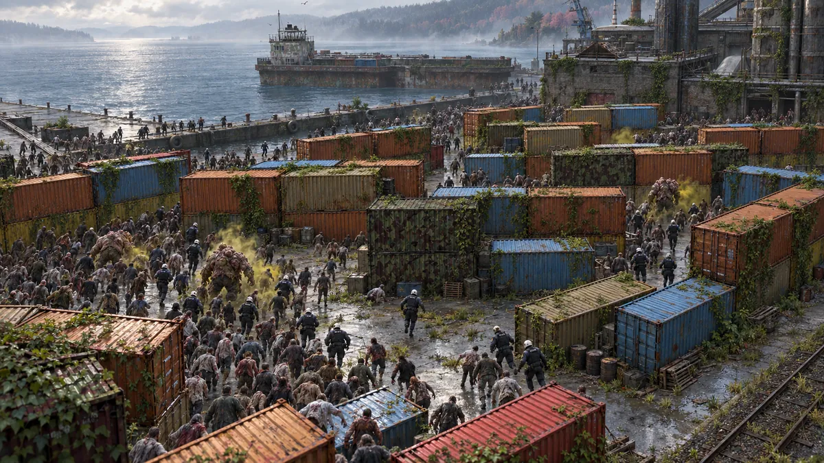 A painted view of Portland Shipping Yard overrun by a horde during Defend the Flag