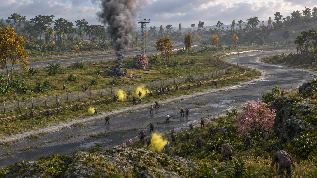 A painted view of Racetrack Roundup overrun by a horde during Defend the Flag