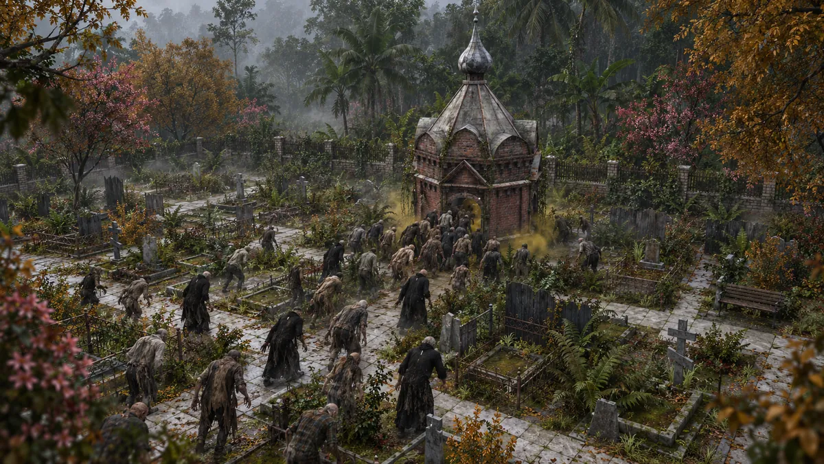 A painted view of Warren Cove Cemetery overrun by a horde during Defend the Flag