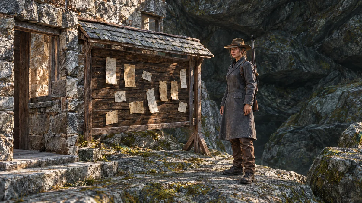 A painted scene of a frontier figure in a long coat and hat beside a wooden bulletin board of notes in a stone hut