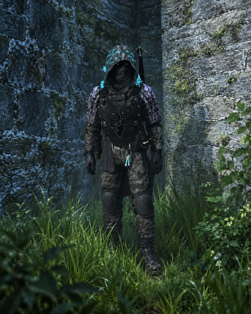 A painted figure in hooded camouflage gear standing among mossy stone ruins
