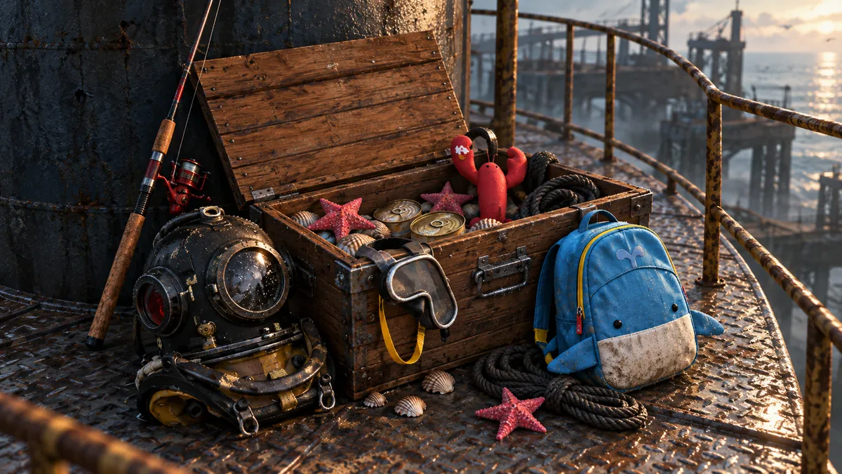 A painted wooden chest of salvage, a diving helmet and a coil of rope on a rusted platform at sea