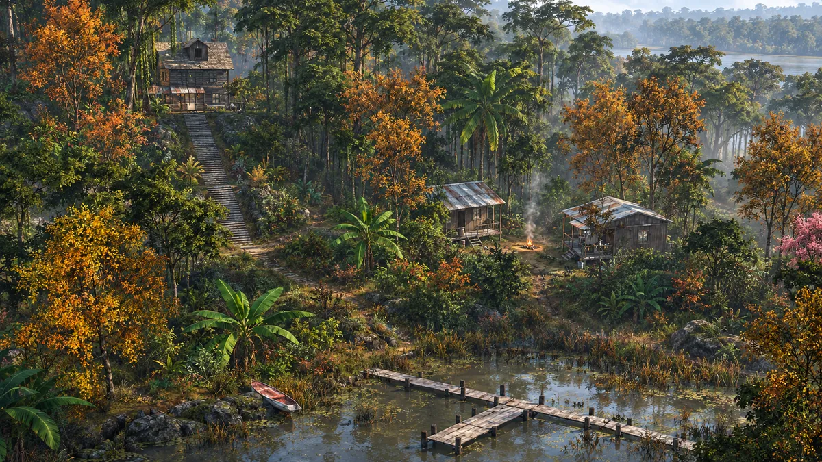 A painted view of hillside cabins among trees and rock, with a dirt track climbing toward them