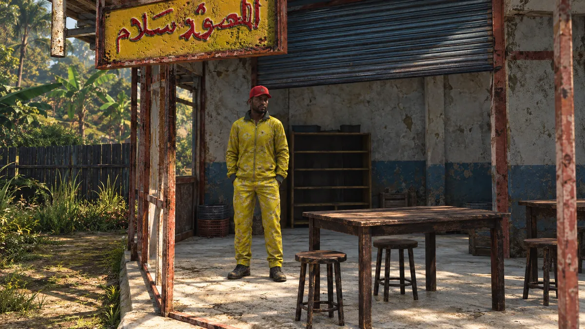 A painted scene of a man in a yellow tracksuit and red cap beside a shuttered stall under a faded sign, with tables and stools
