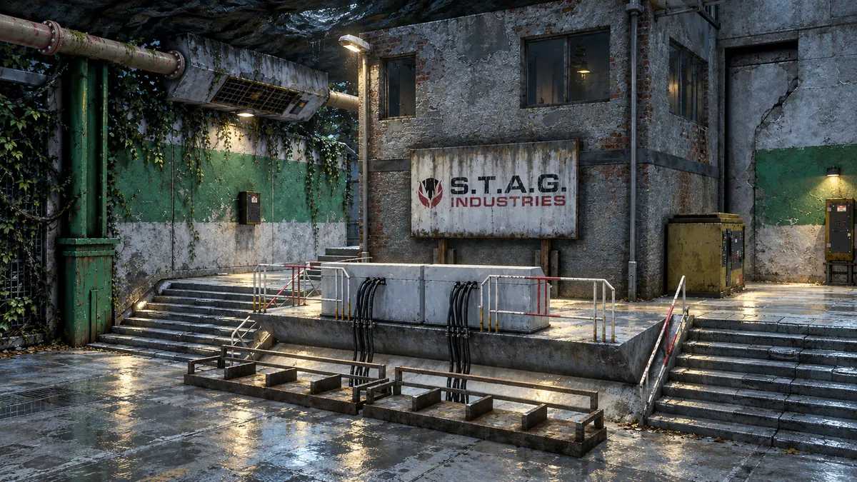 A painted view of a concrete S.T.A.G. Industries entrance with stairs, pipes and a sign, under a dim ceiling
