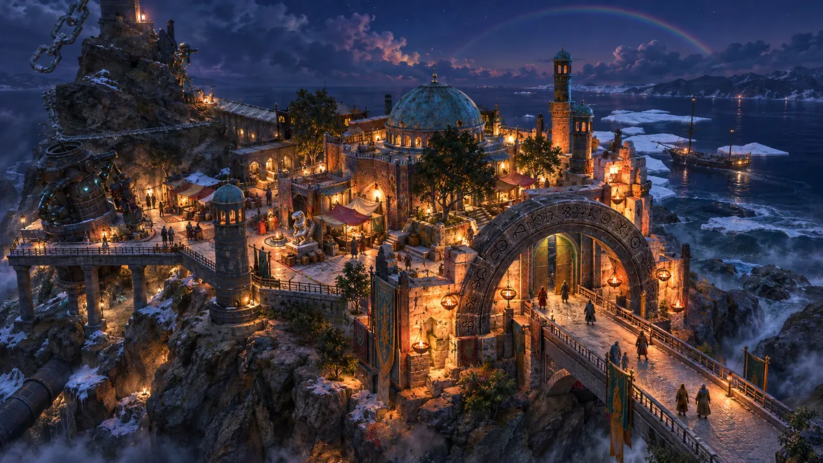 The Night Market, a trading enclave on a rocky island above the dark sea, lit by lanterns on the stone bridge