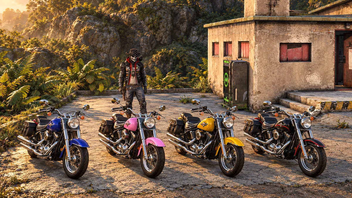 A painted view of four colourful motorcycles parked outside a concrete building, with a rider in a helmet standing among them