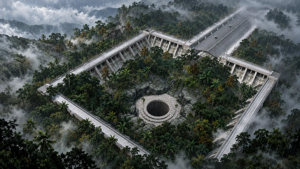 A painted aerial view of a large round shaft at the centre of a cross-shaped concrete structure in the jungle, with mist
