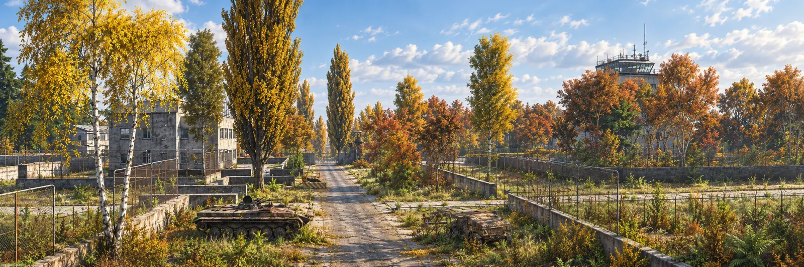 A painted view of an overgrown military road lined with autumn trees on Deer Isle