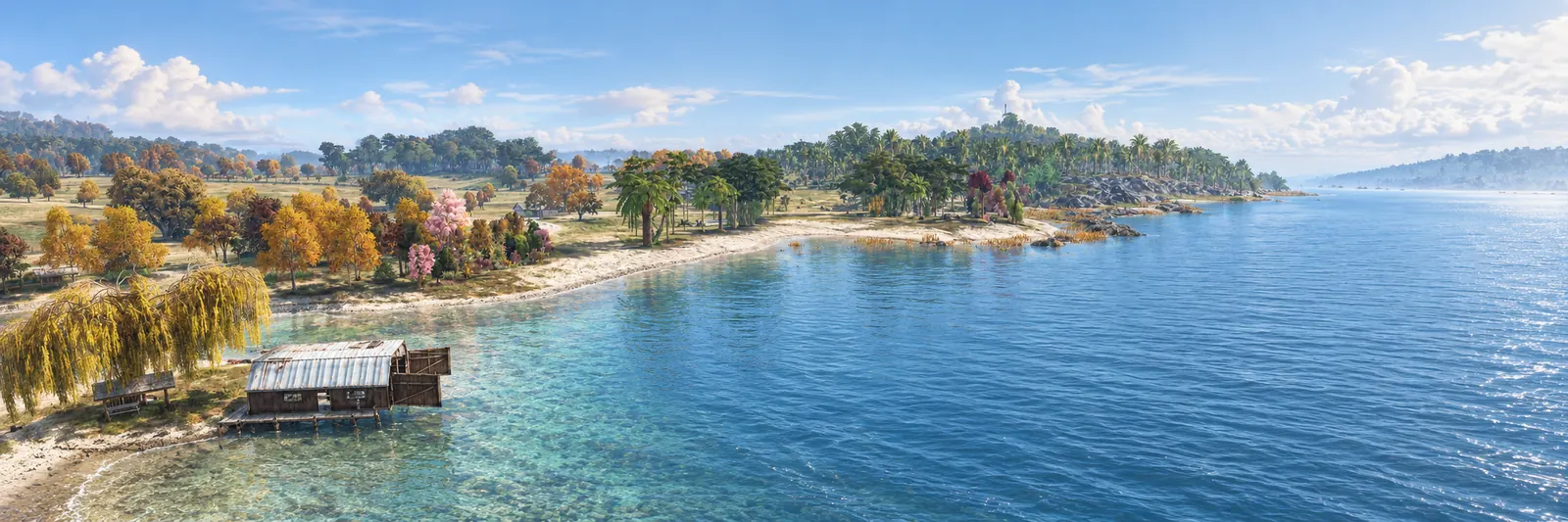 A painted view of a calm blue bay with a sandy shore and a timber boathouse on Deer Isle