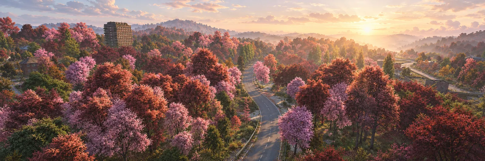 A painted view of a winding road through pink and red autumn forest at sunset on Deer Isle