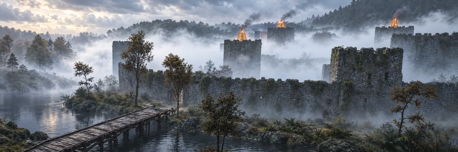 A painted view of a misty castle wall beyond a moat and a wooden bridge on Deer Isle