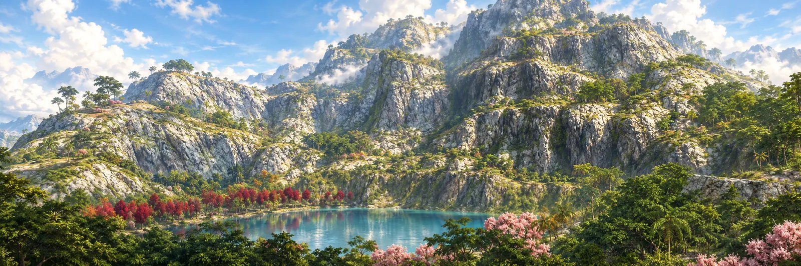 A painted view of a pale blue mountain lake framed by red and pink trees and rocky slopes on Deer Isle