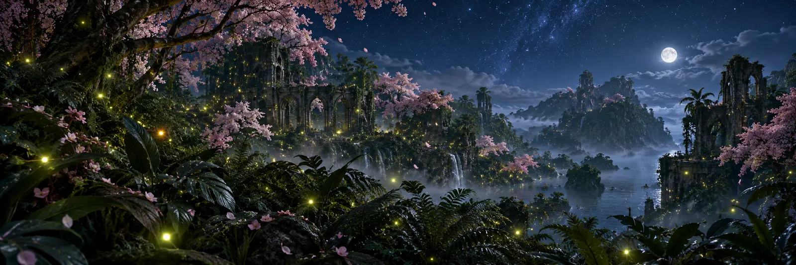 A painted night view of a jungle island full of pink blossom trees and glowing fireflies on Deer Isle