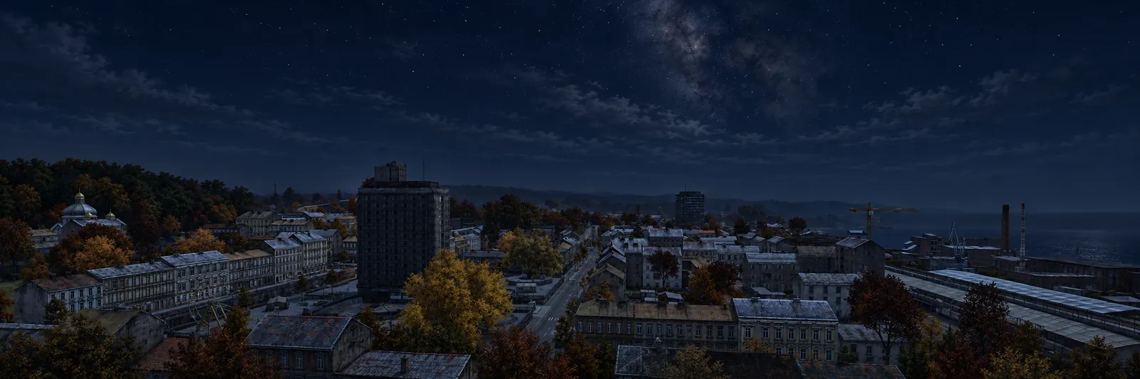 A painted view over a quiet town at night under a starry sky
