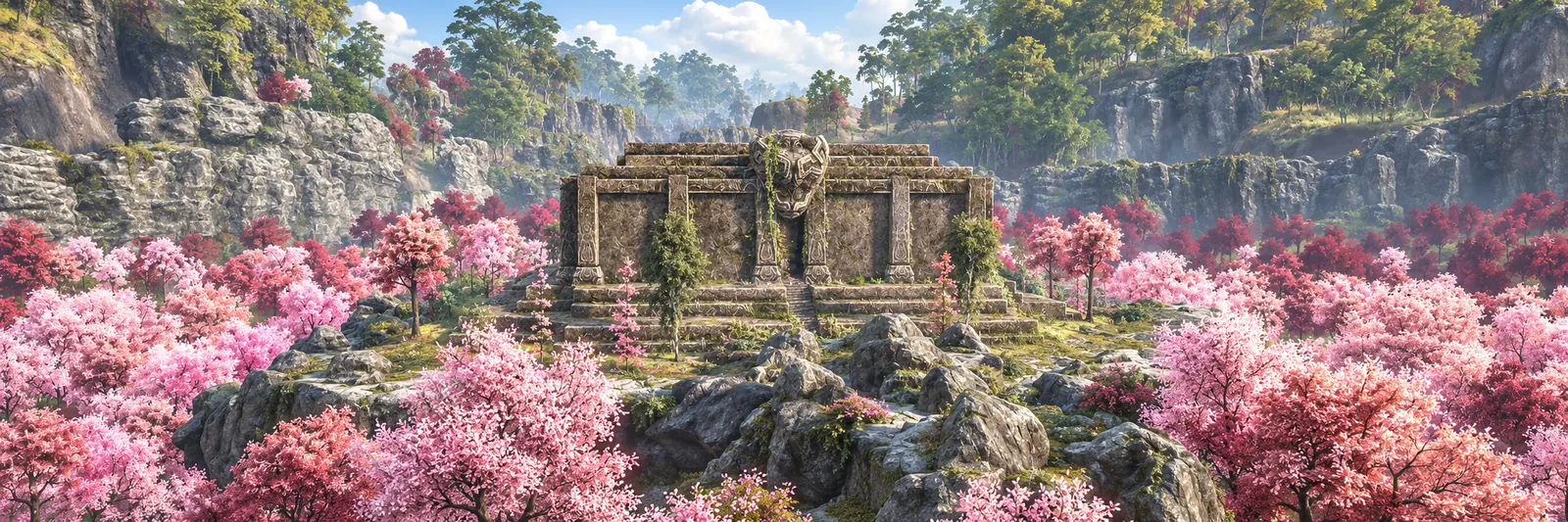 A painted view of an ancient stone temple among pink blossom trees on Deer Isle