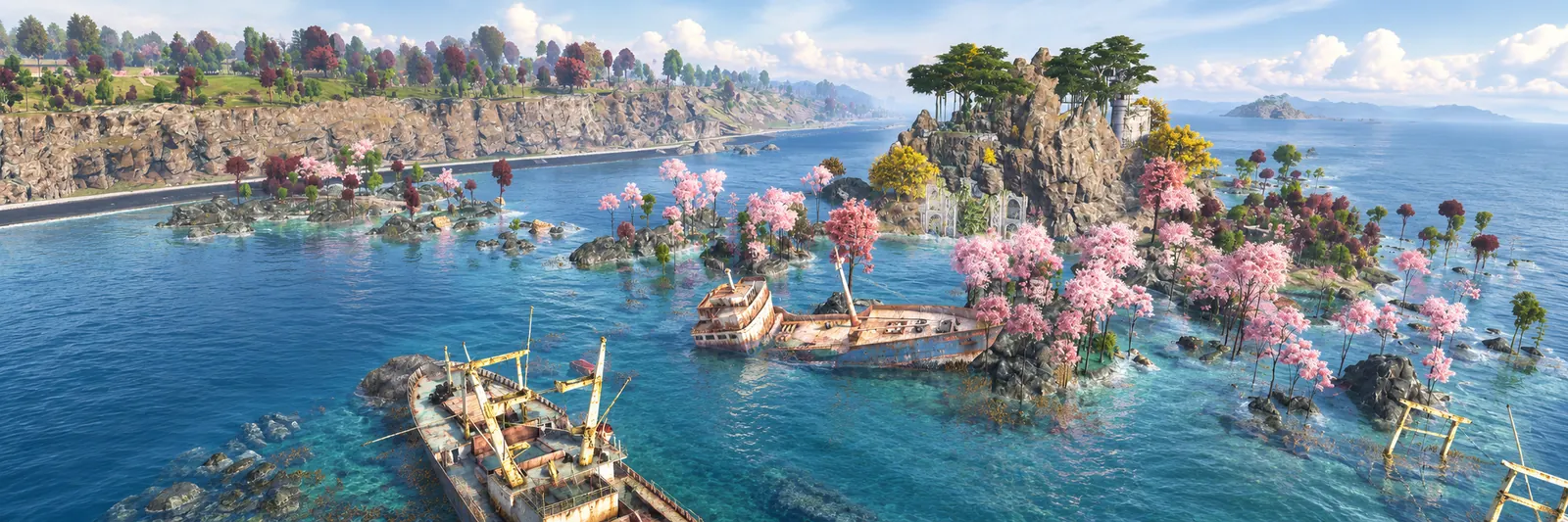 A painted view of shipwrecks in a lagoon dotted with blossom-covered rocks on Deer Isle