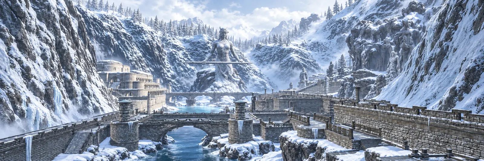 A painted view of a snow-filled mountain gorge with a stone fortress and arched bridge on Deer Isle